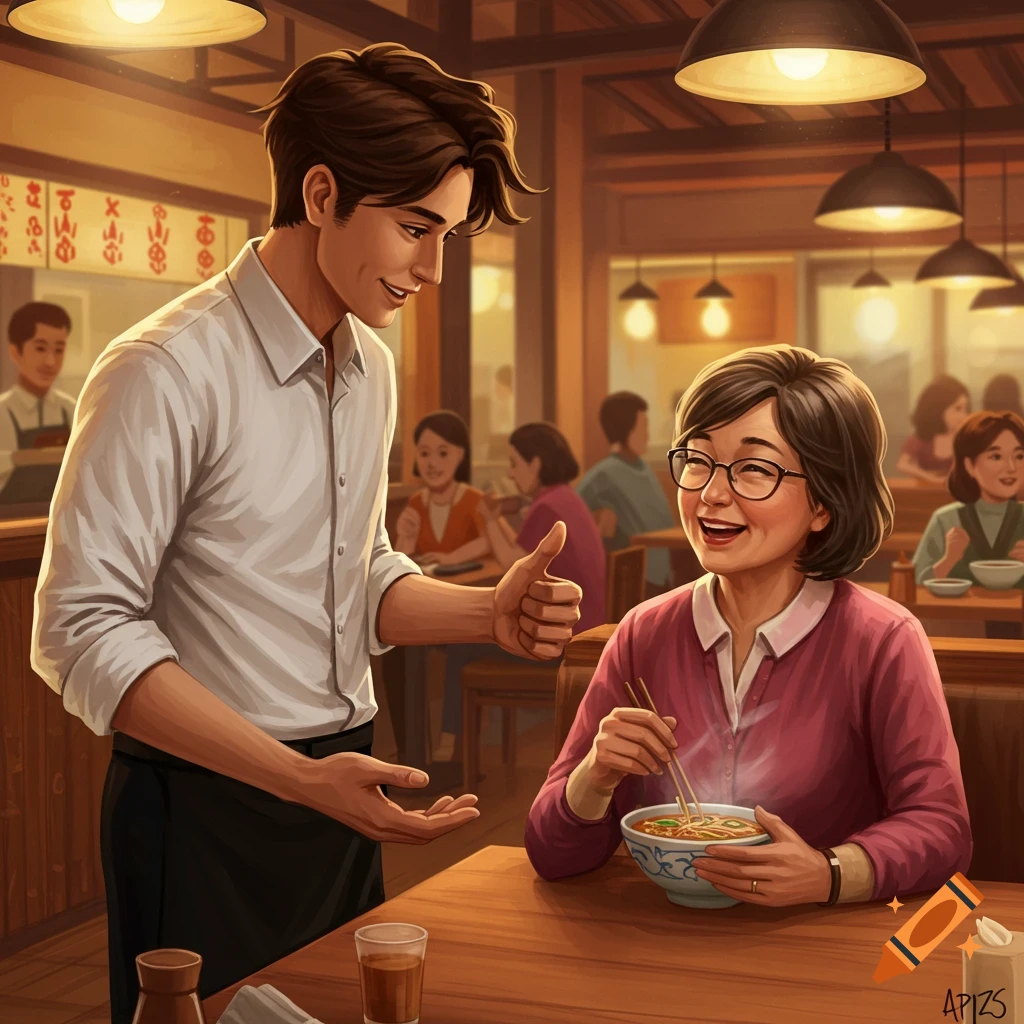 Waiter gestures to happy woman eating noodle soup in a restaurant.