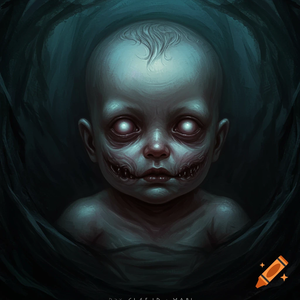Creepy baby with glowing eyes and grotesque mouth in a dark setting.