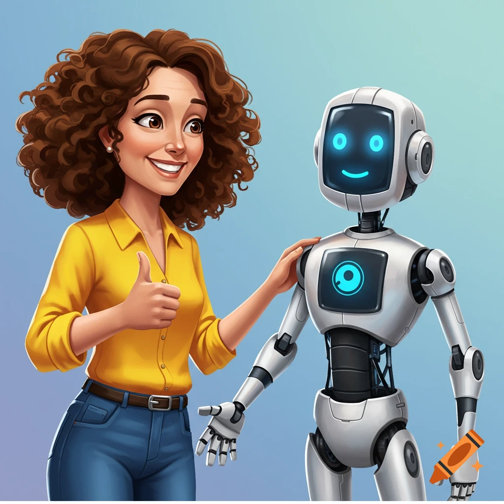 A woman gives a thumbs up next to a robot.