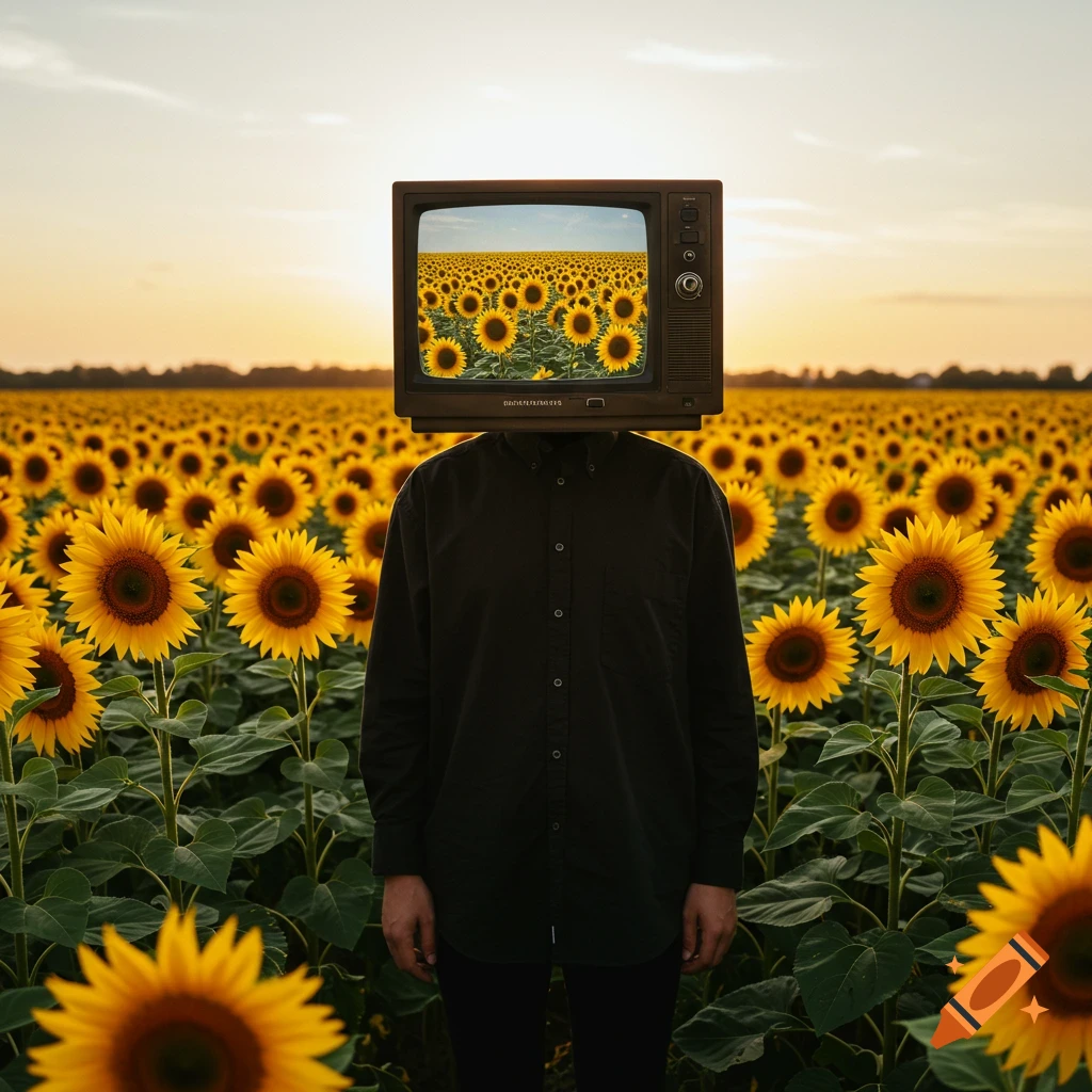 Person with a TV head in a sunflower field at sunset. The TV screen shows the field.