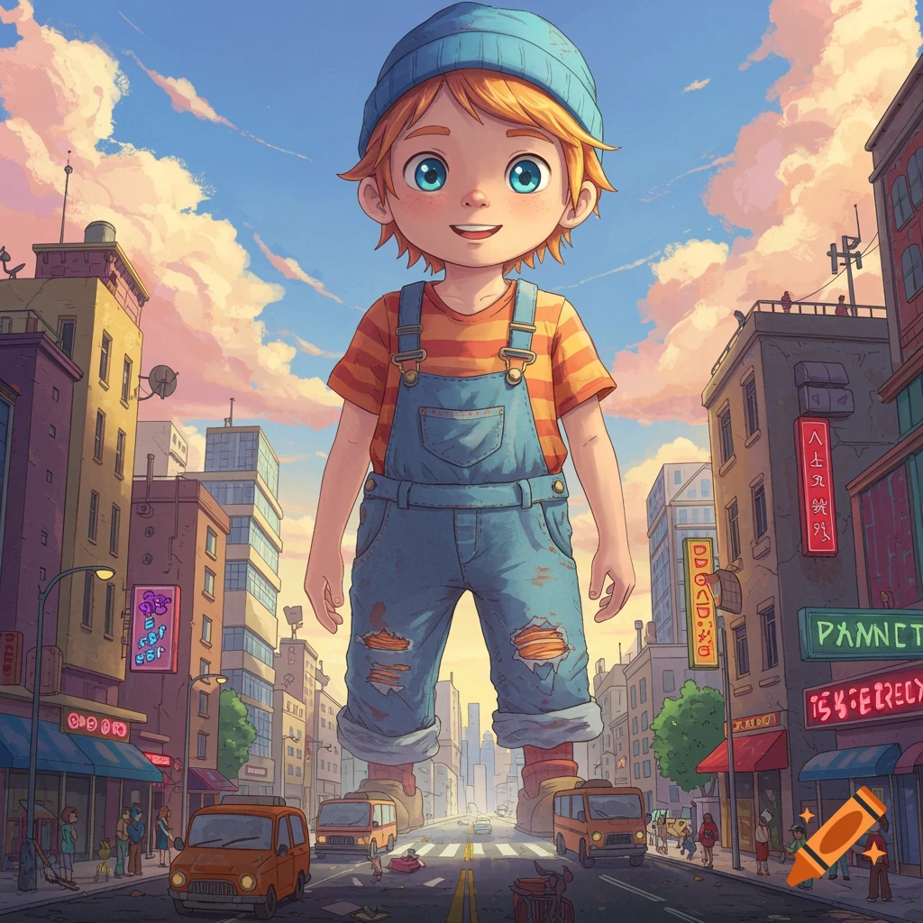 A giant cartoon boy stands in a city street.
