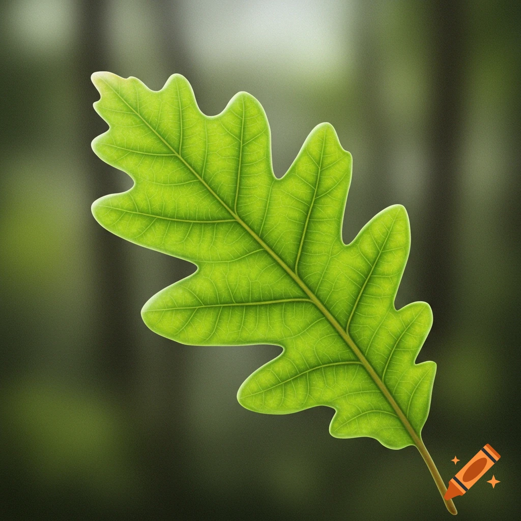 A green oak leaf against a blurred background.