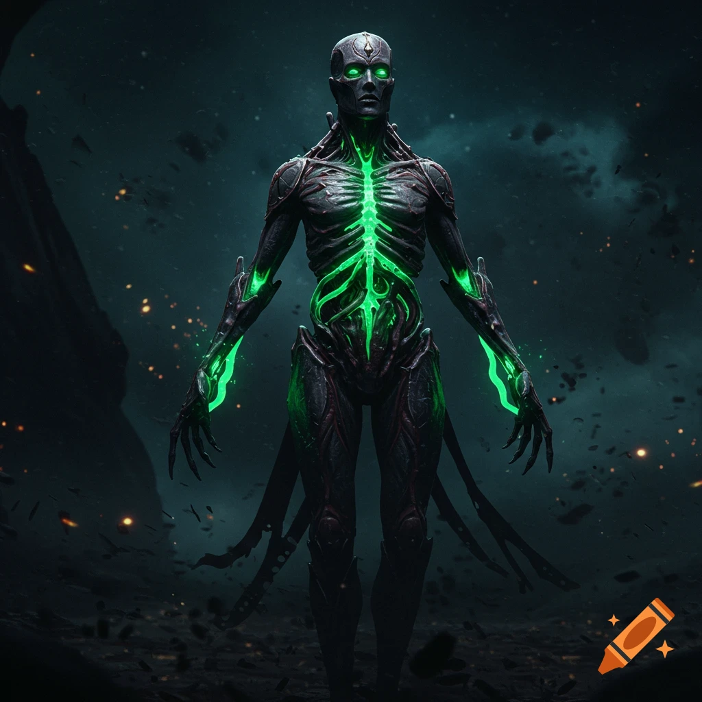 Sci-fi robot figure with glowing green highlights standing against a dark background.