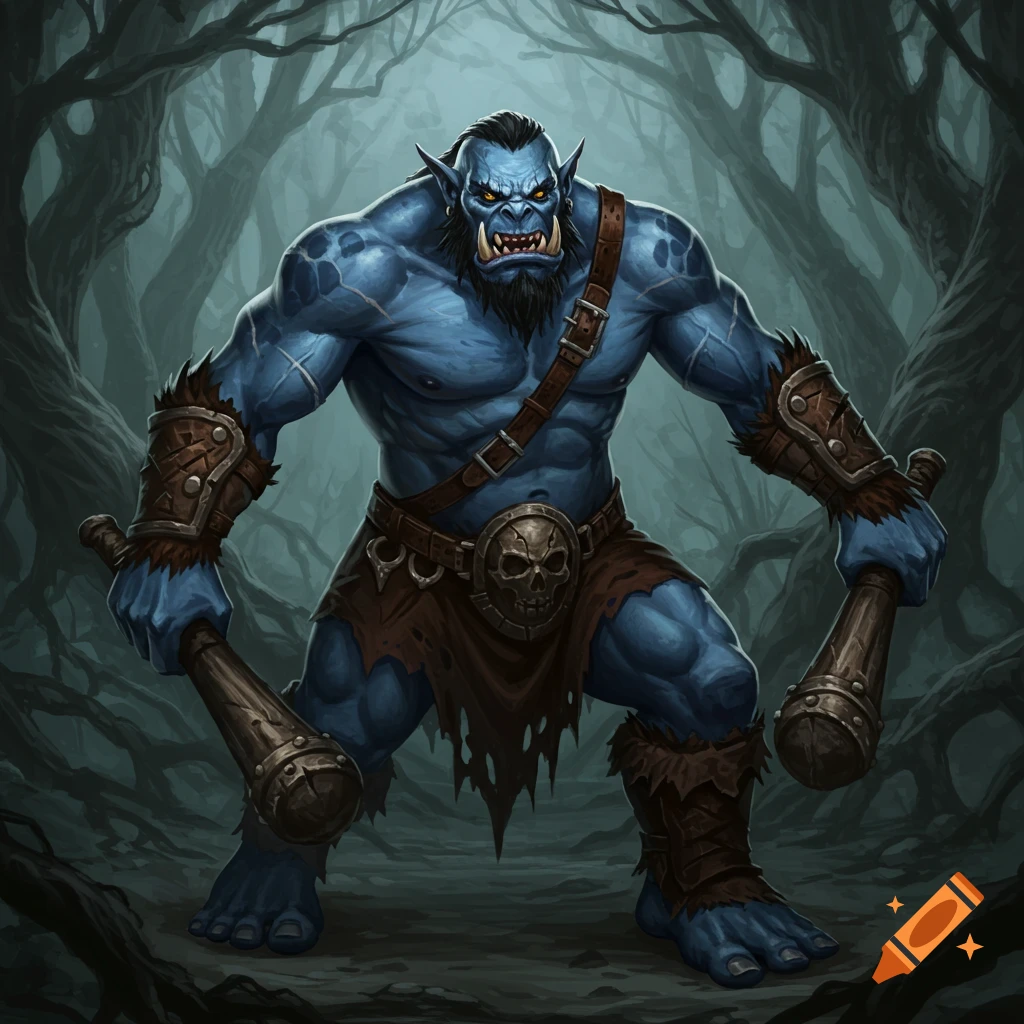 A blue-skinned ogre holds two clubs in a dark forest.