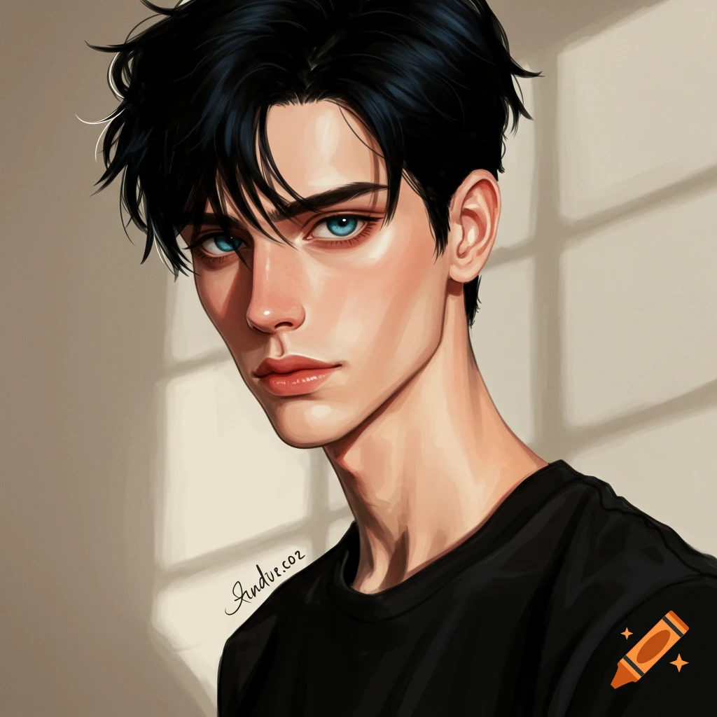Portrait of a young man with dark hair and blue eyes wearing a black shirt, lit from the side.