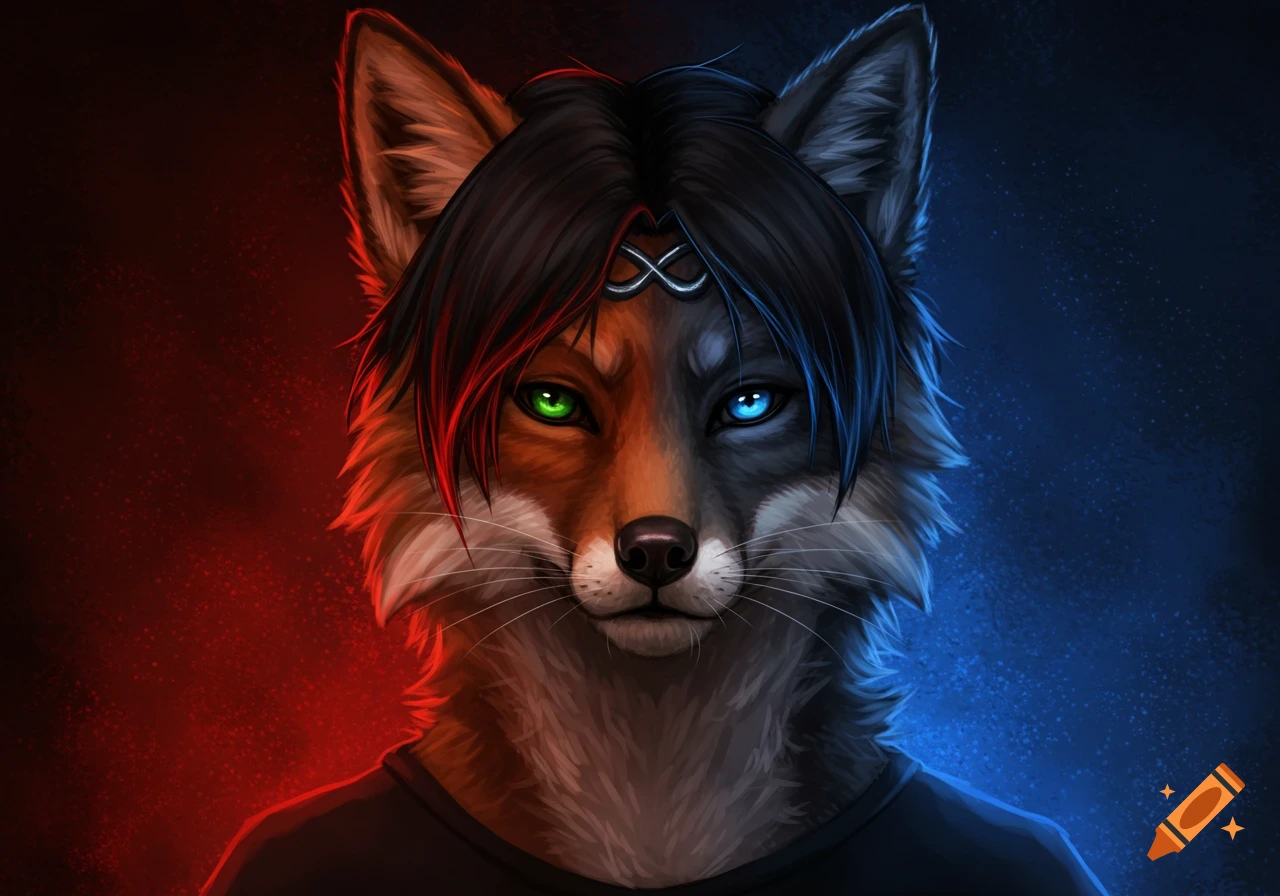 Portrait of a half-fox half-wolf hybrid with different colored eyes and hair highlights.