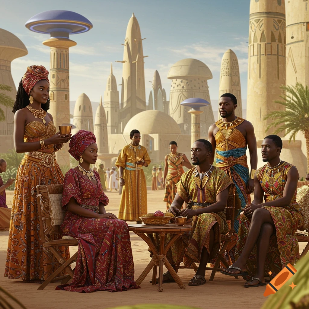 Group in vibrant African-inspired attire in a sunlit Afrofuturistic city with unique architecture.