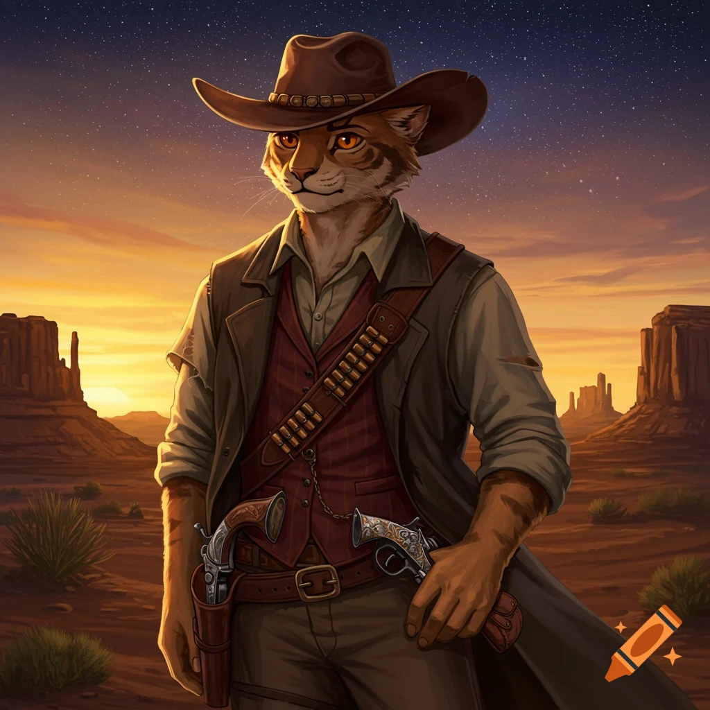 A humanoid cat cowboy in a hat and duster stands in a desert at sunset.