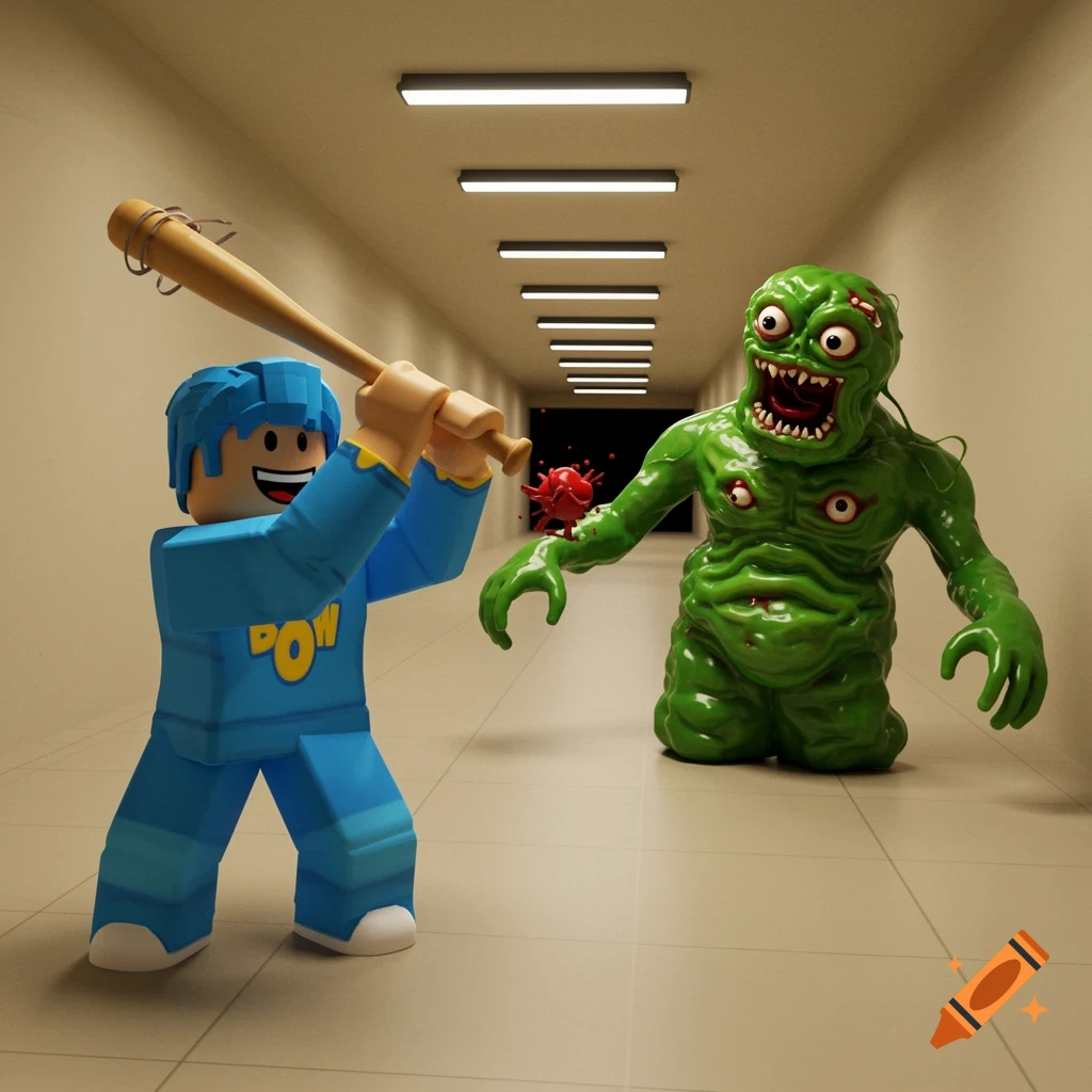 Cartoon Roblox avatar swings bat at green monster in corridor