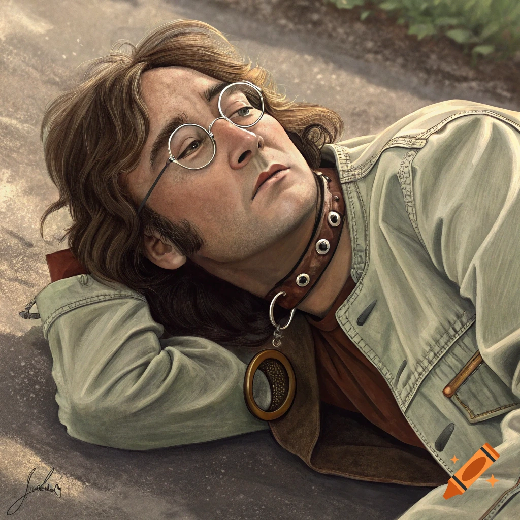 Realistic portrait of a man resembling John Lennon, wearing a dog collar, lying down outside.