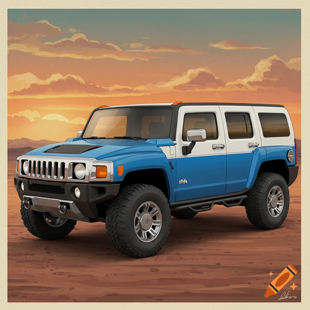 A blue and white Hummer H3 sits in a desert landscape at sunset.