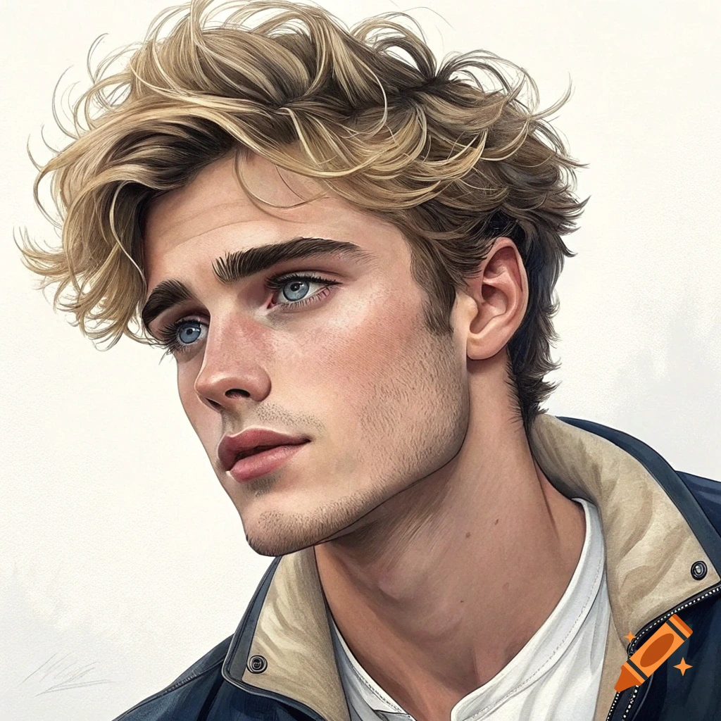 A portrait illustration of a young man with blond curly hair and blue eyes.