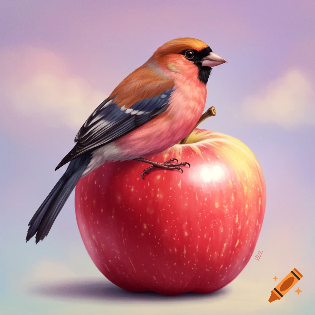 A colorful bird perched on a large red apple.