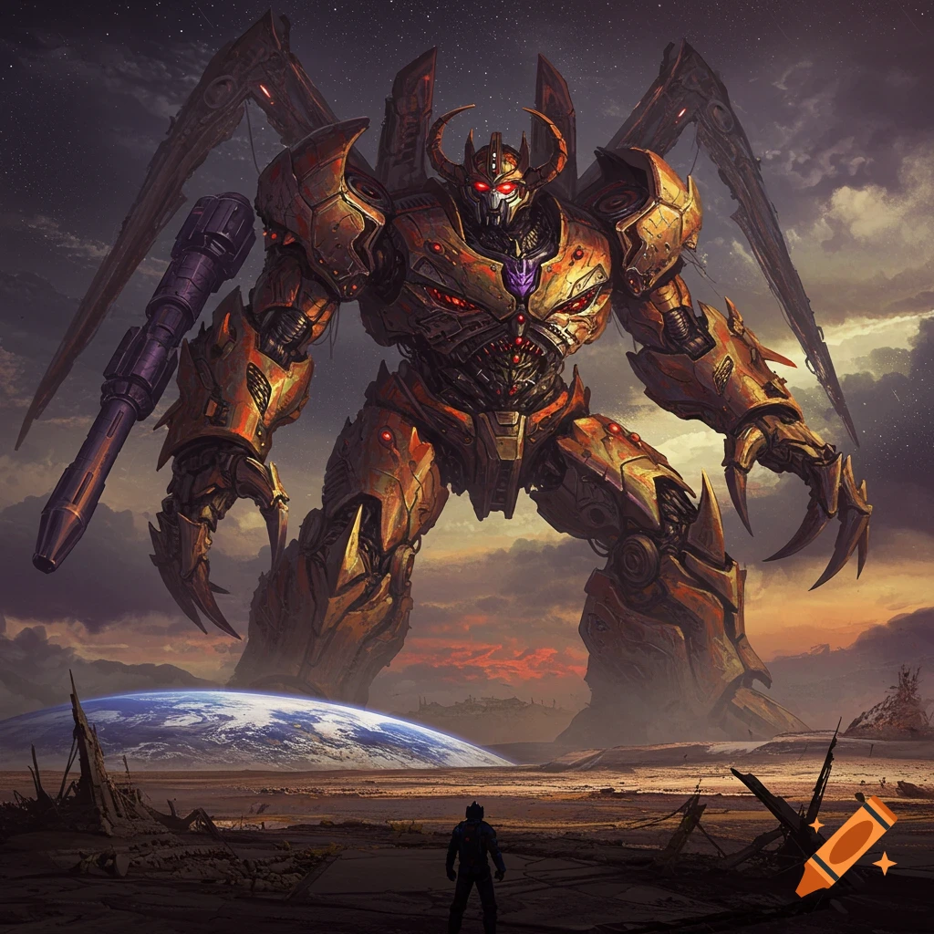 A giant, menacing robot stands over a desolate planet with Earth in the background.