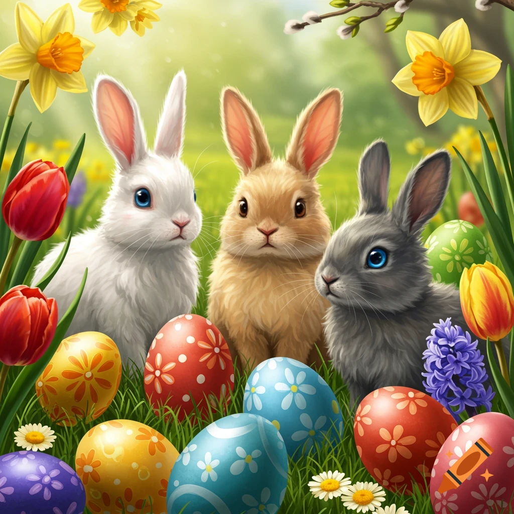 Three bunnies among colorful Easter eggs and spring flowers.