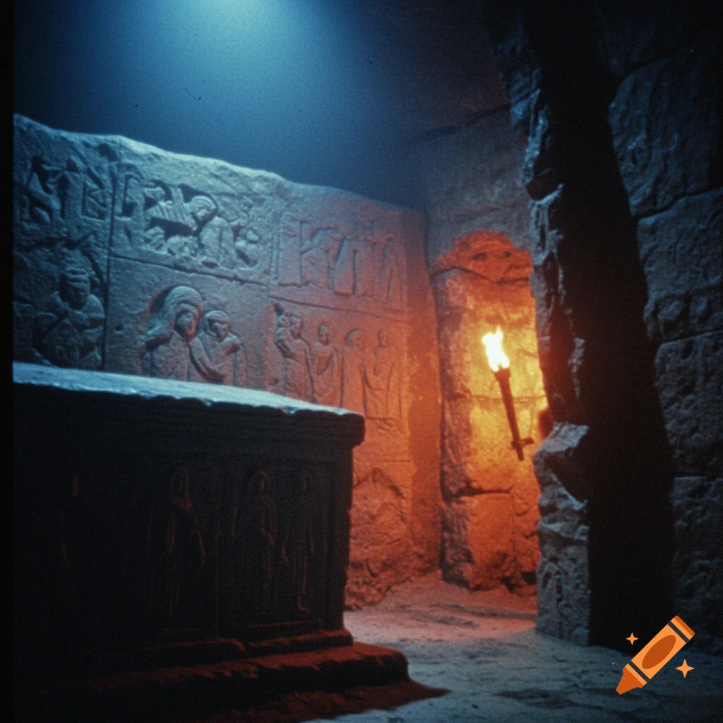A stone tomb with carved reliefs in a dark crypt lit by a torch and blue light.