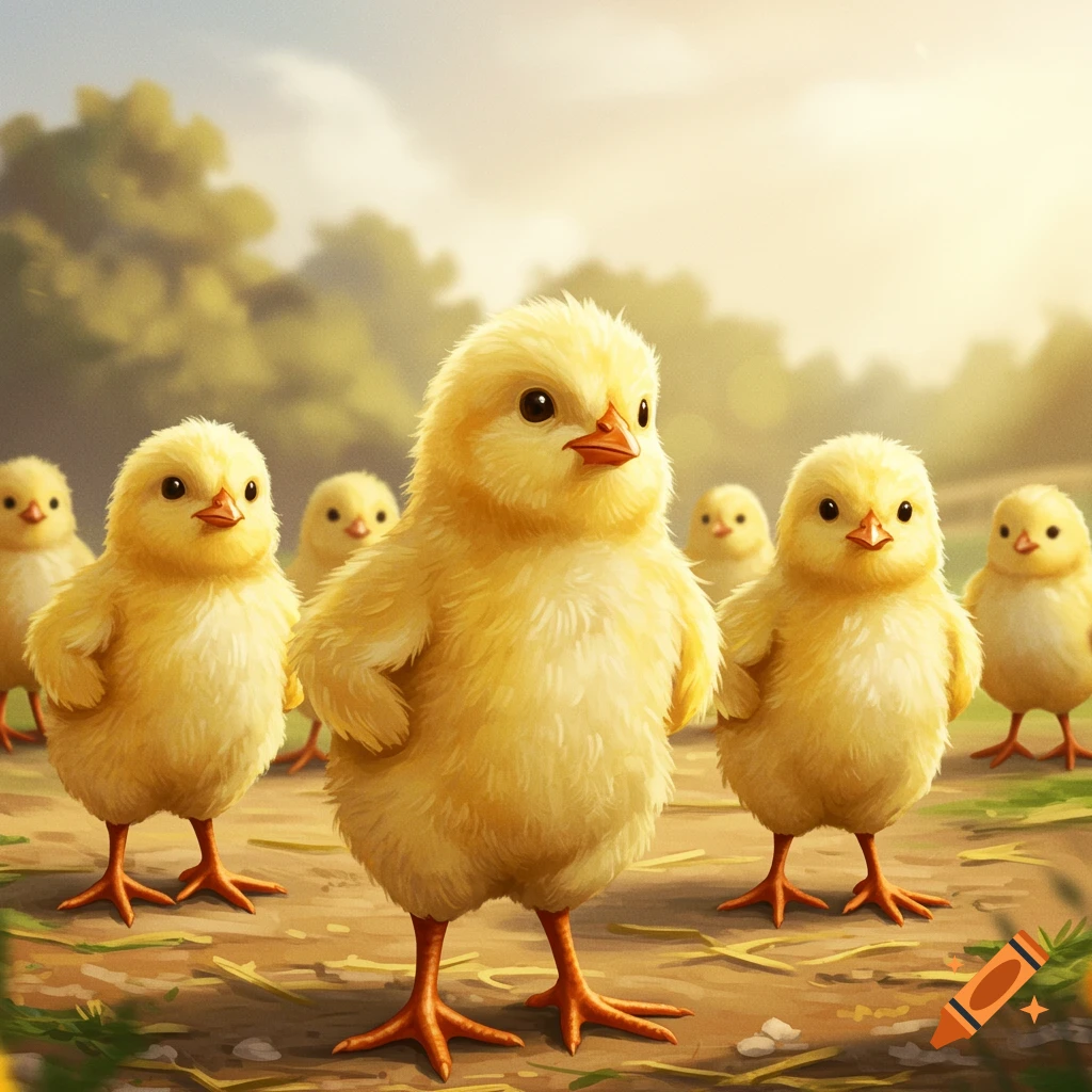Fluffy yellow chicks stand in a sunny farmyard.