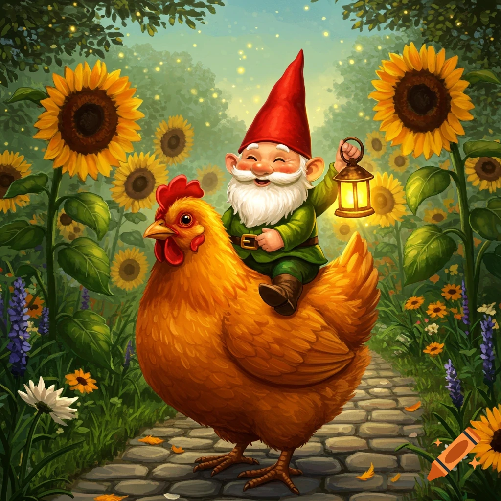 A cheerful gnome rides a chicken through a field of sunflowers.