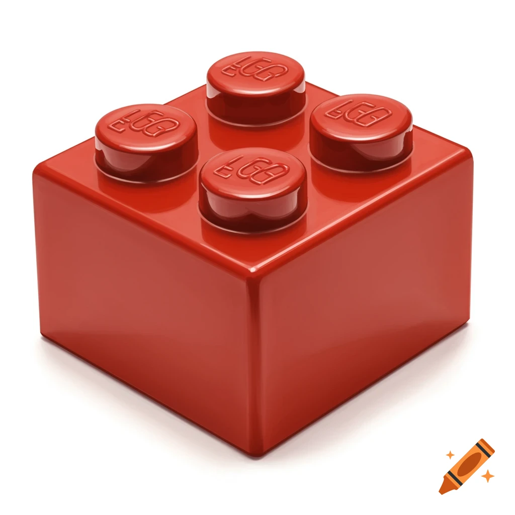 Macro shot of a shiny red LEGO brick on a white background, showing detailed studs with logos.