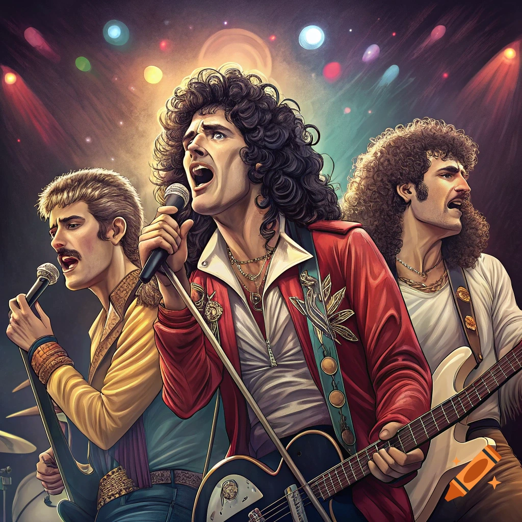 Stylized illustration of a rock band performing on stage with colorful lights.