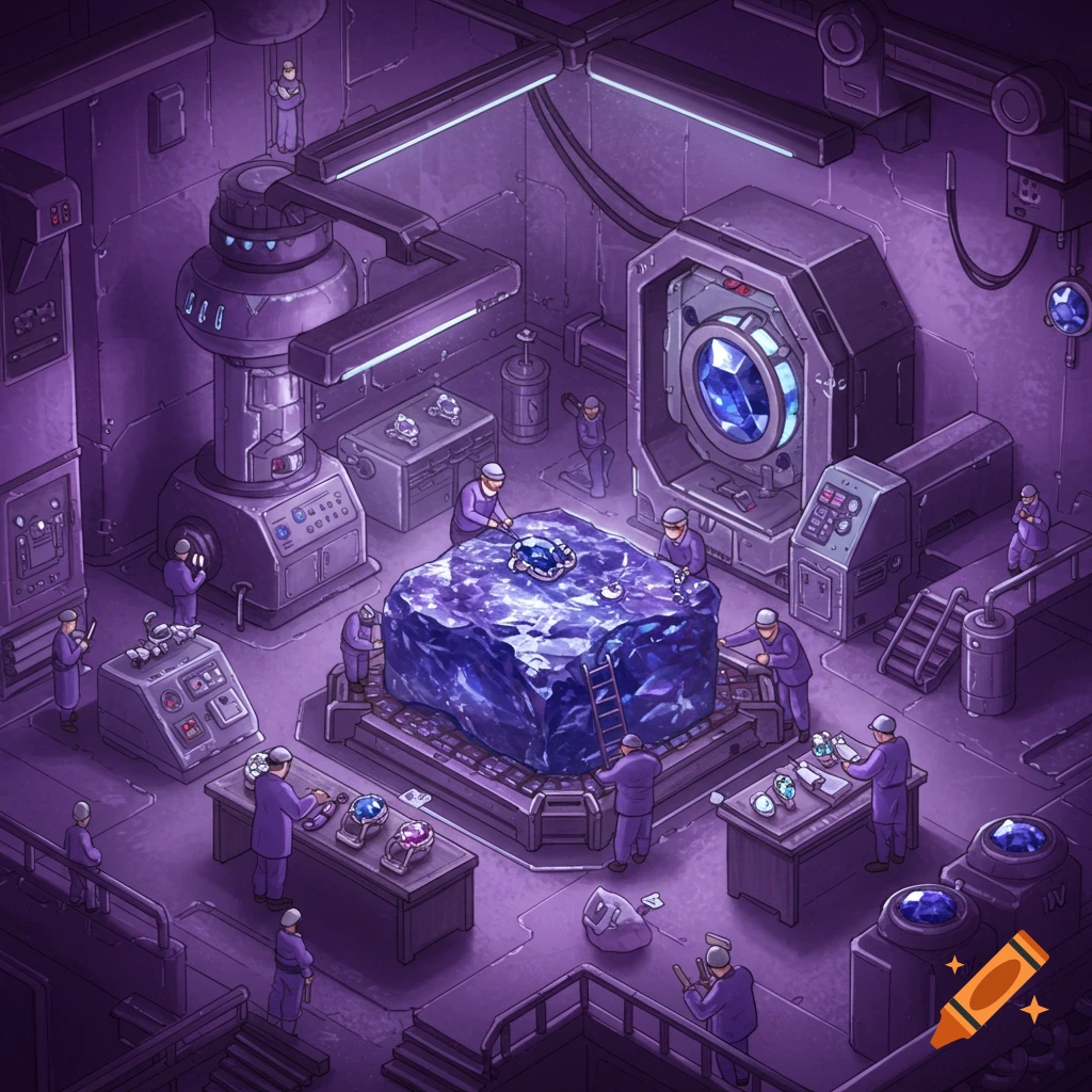 Isometric view of a violet sci-fi factory with tiny workers processing a large purple crystal.