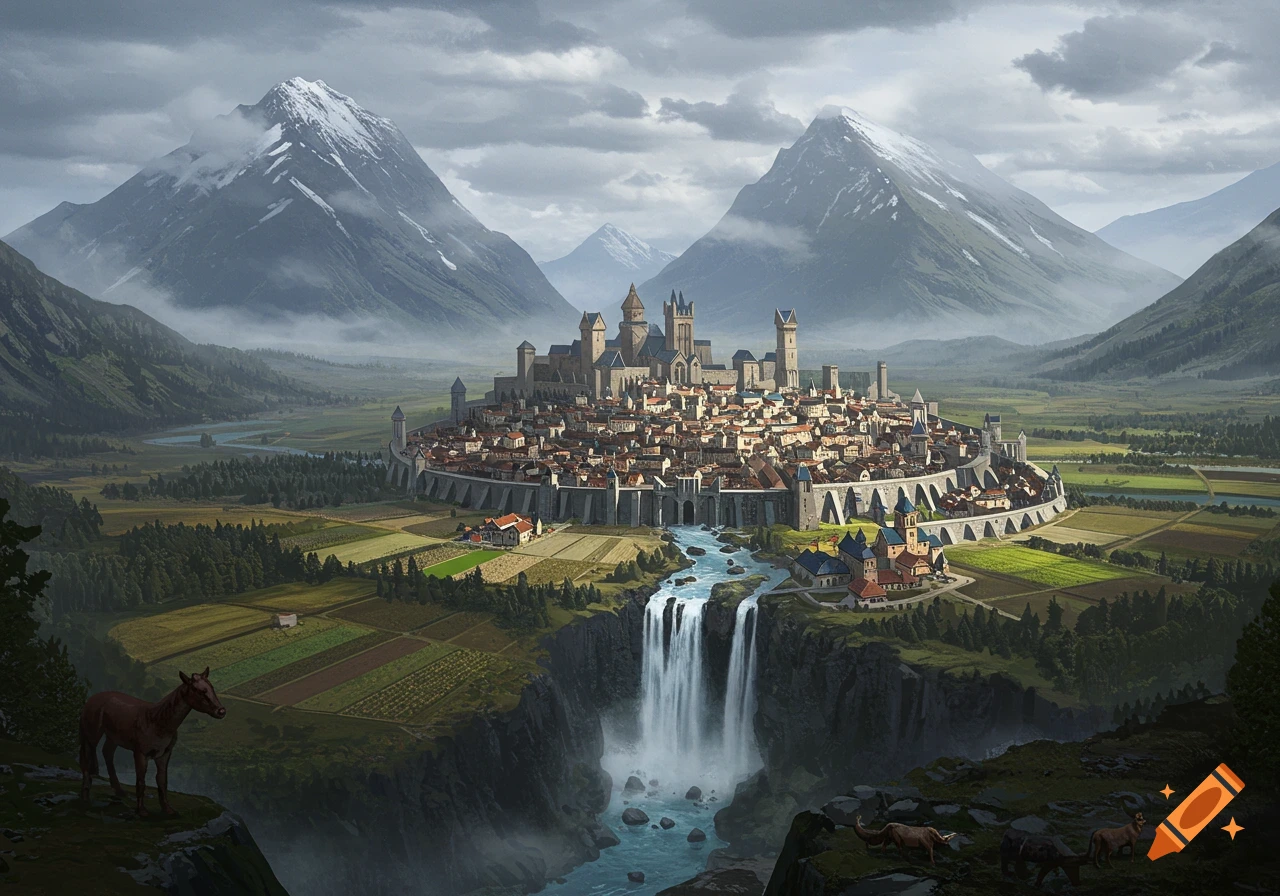 A fantasy city built within a valley between snowy mountains. A waterfall flows from the city down cliffs surrounded by farmland and forest.