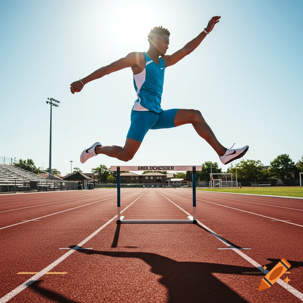A track runner leaps over a hurdle during a race on a sunny day.