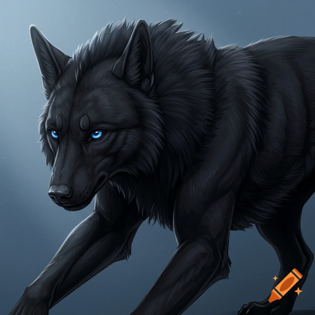 A black wolf with piercing blue eyes.