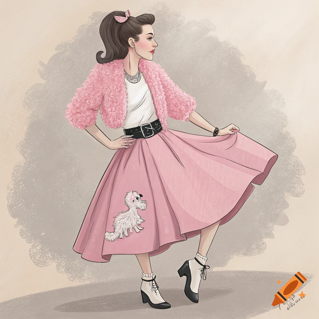 Illustration of a woman in a pink poodle skirt, fuzzy jacket, and ponytail.