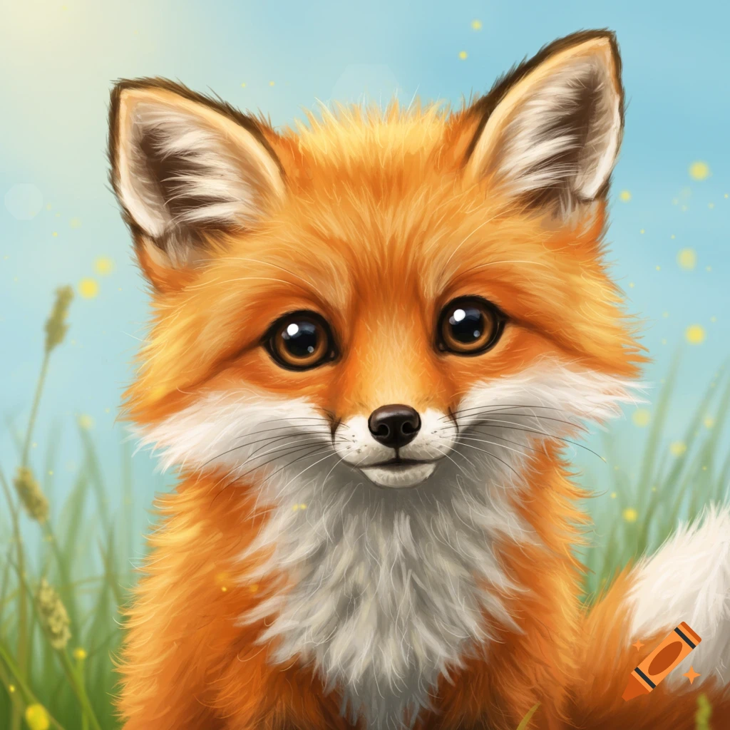A close-up of a cute fox in tall grass under a blue sky.