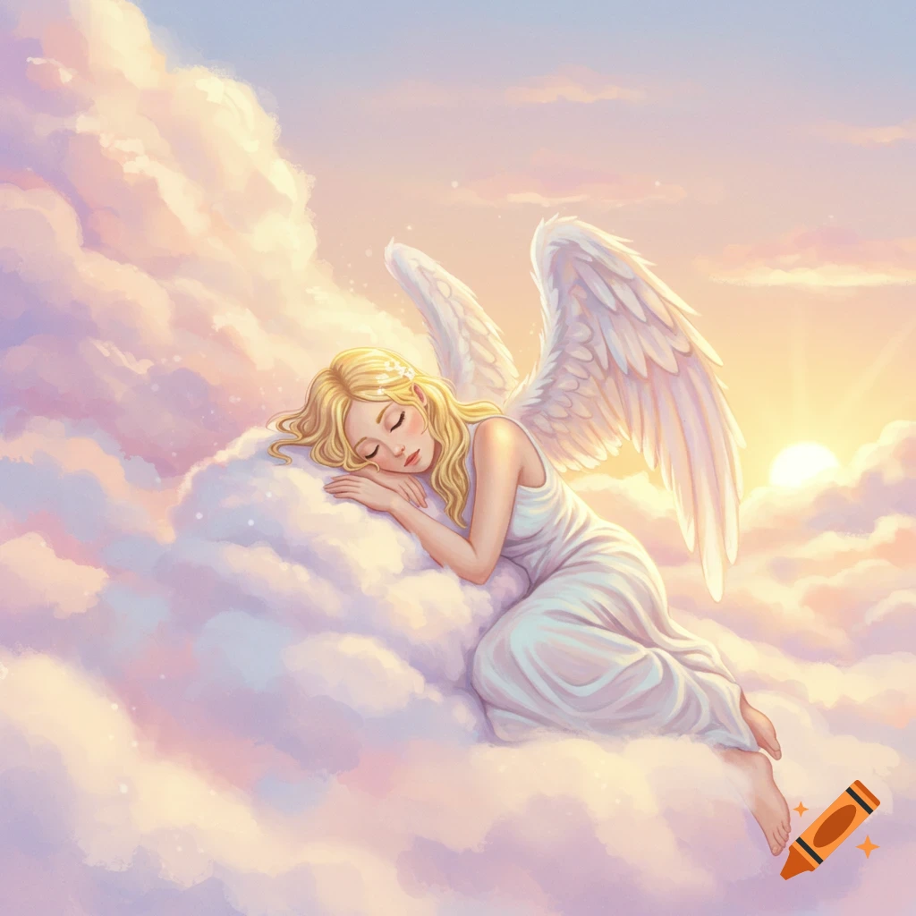 A blonde female angel sleeping on a cloud at sunrise.