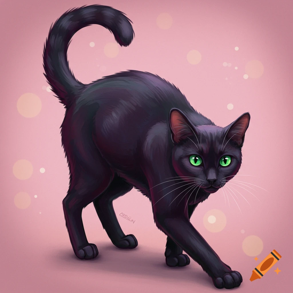 A black cat with green eyes is stalking on a pink background.