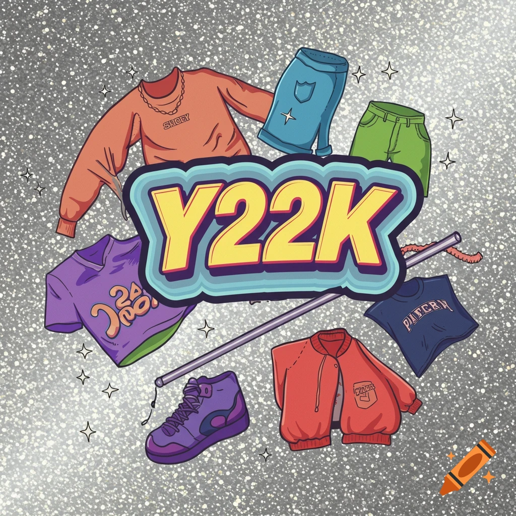 Illustration of Y2K fashion items and a Y22K logo on a sparkly background.