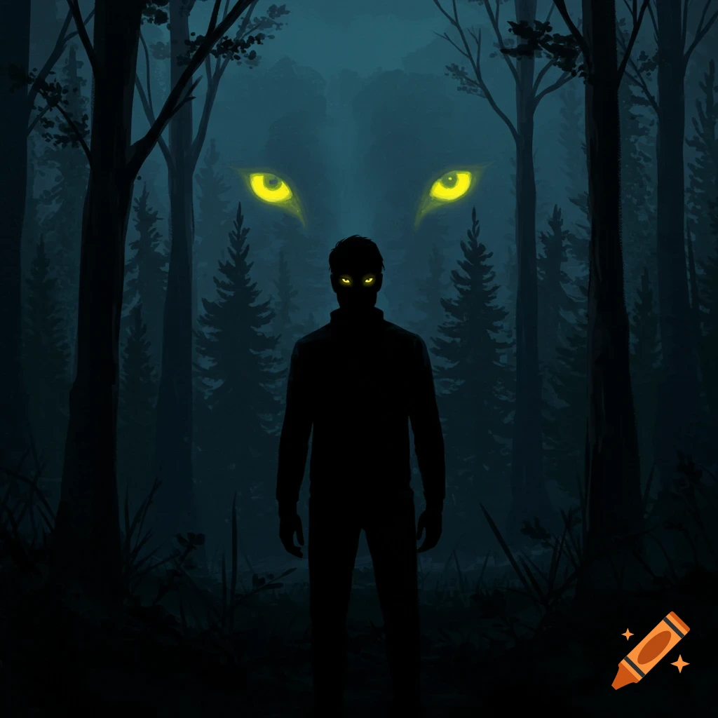 A man silhouette with glowing eyes in a dark forest, with large glowing wolf eyes behind him.