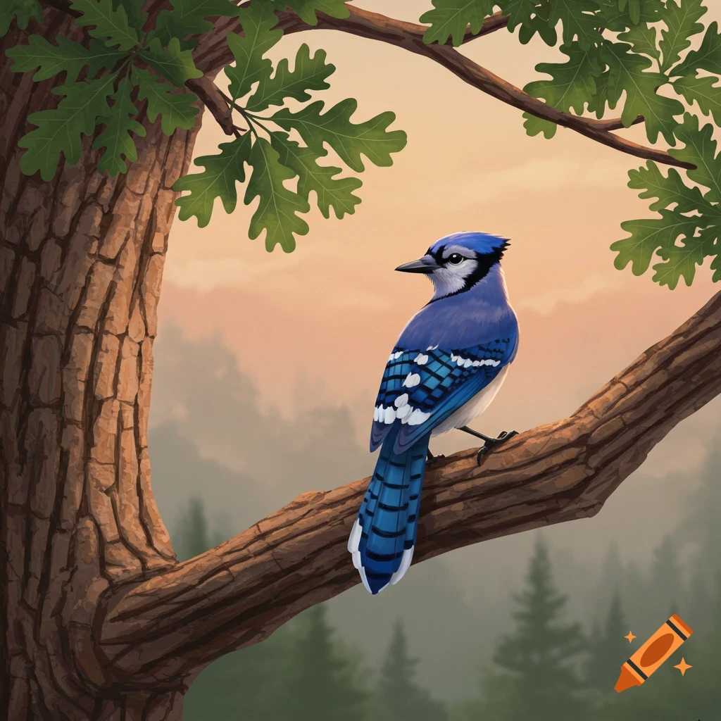 A blue jay perched on a tree branch with a misty forest background.