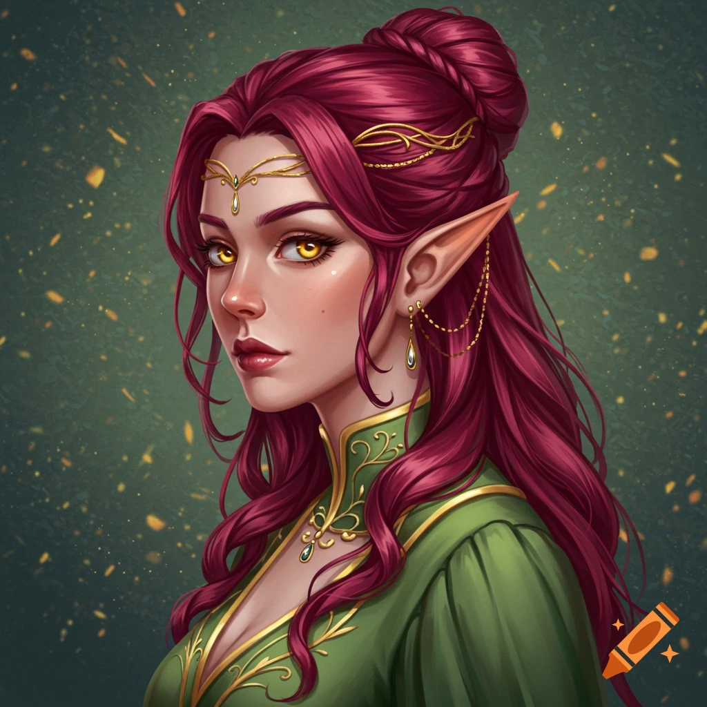 Image of an elven woman with burgundy hair, golden eyes, in a green gown with gold trim.