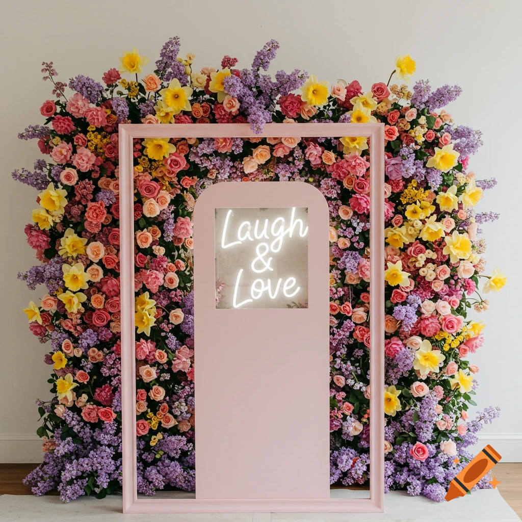 A floral photo booth with pink frame and "Laugh & Love" neon sign, surrounded by colorful flowers.