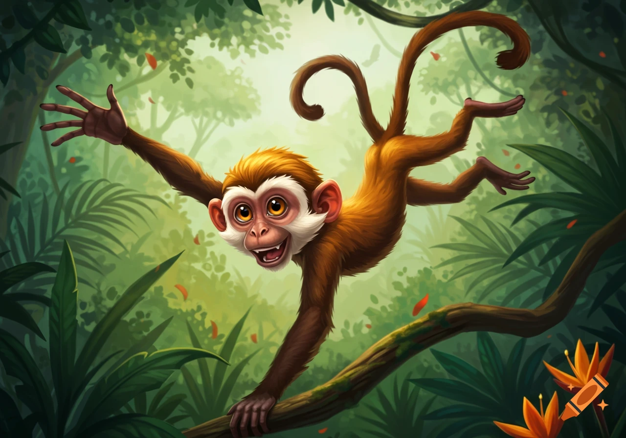 Cartoon monkey swinging on a branch in a jungle.