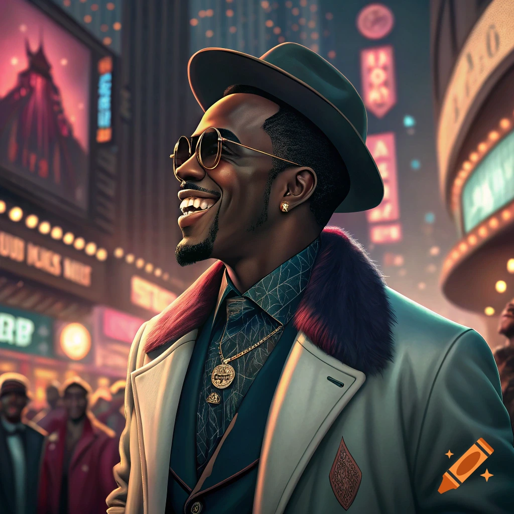 A stylish man in a hat and coat smiles on a bright city street at night.