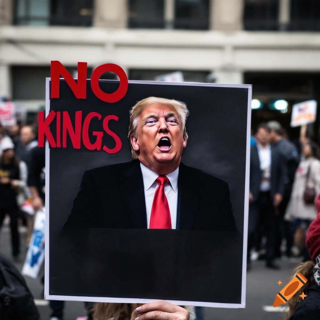 Protest sign with 'NO KINGS' text and image of Donald Trump held in a crowd.