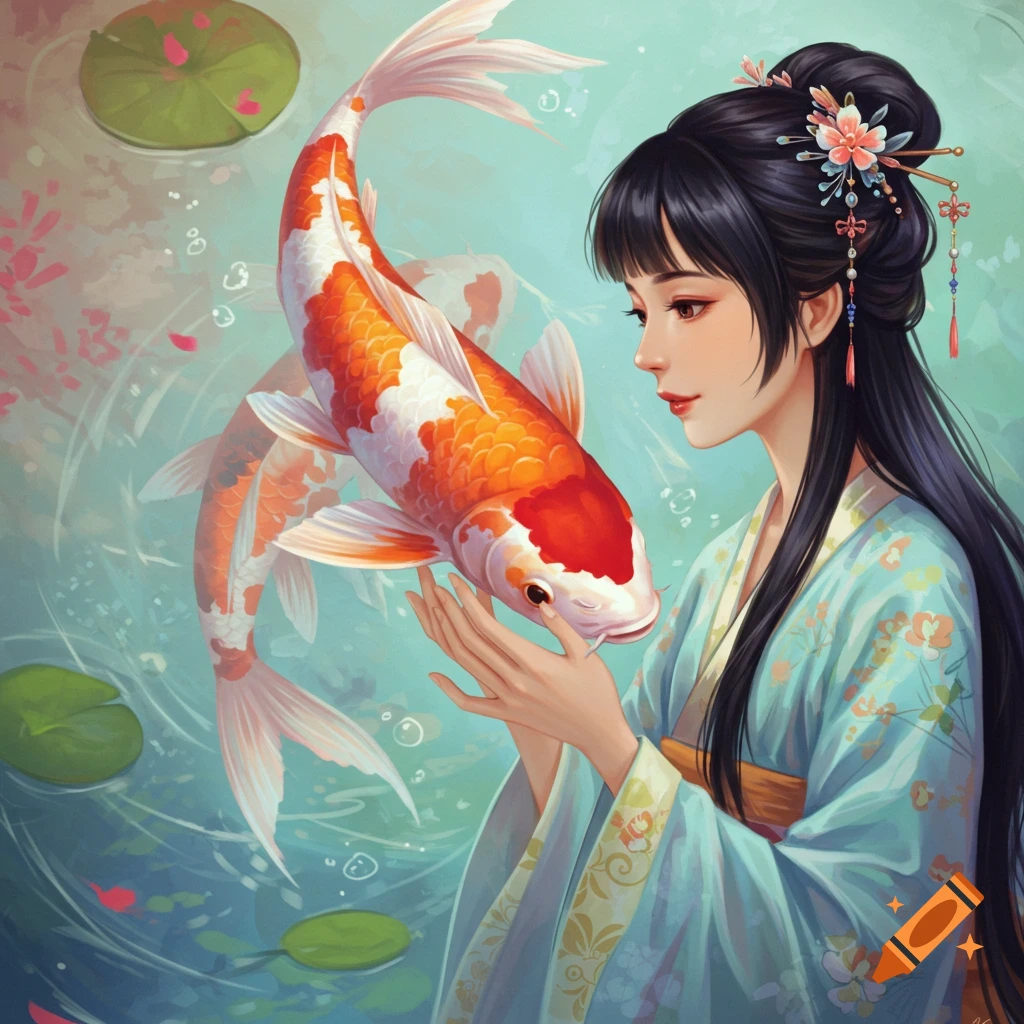 A woman in traditional dress holds a koi fish in a pond.