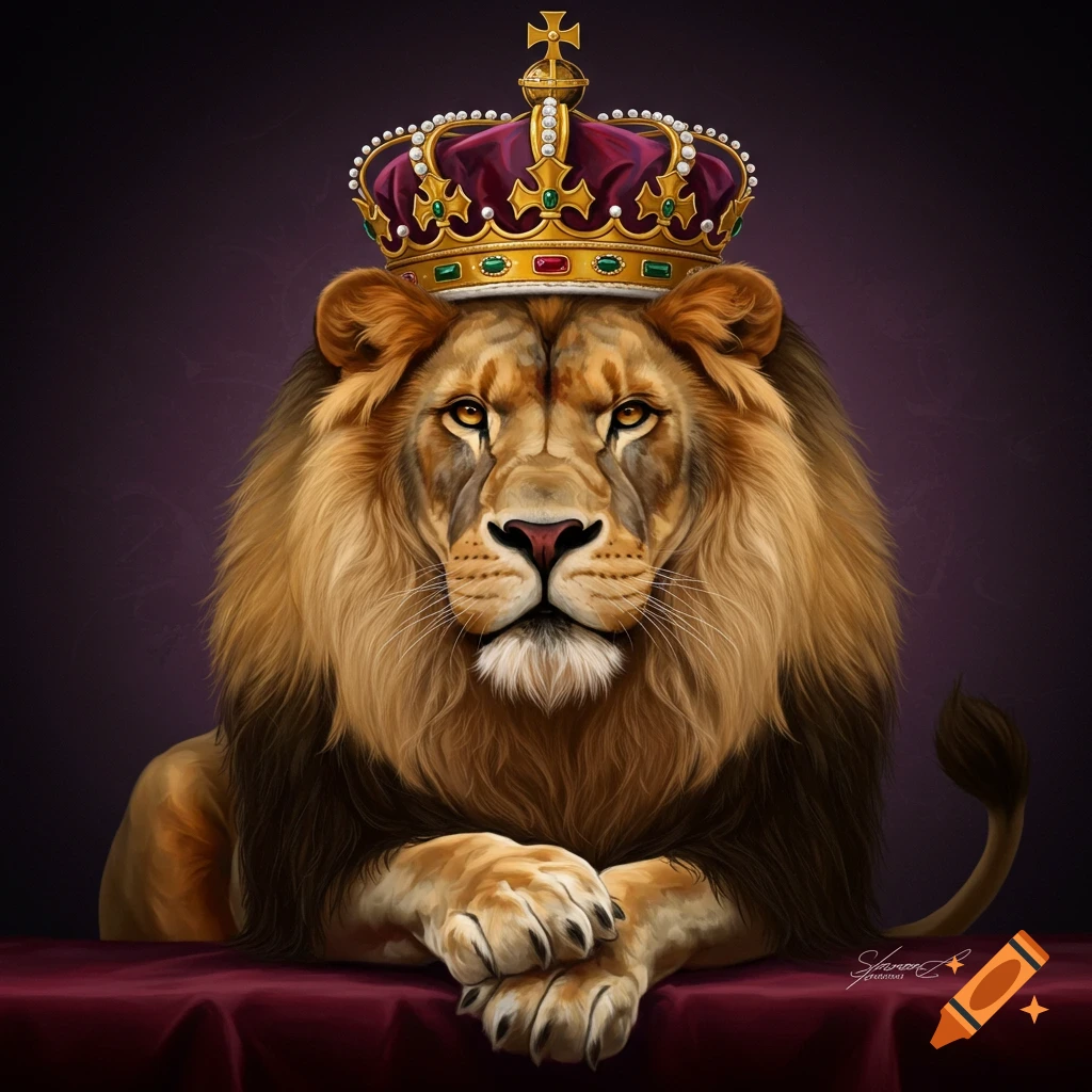 A regal lion wearing a jeweled crown rests with paws crossed