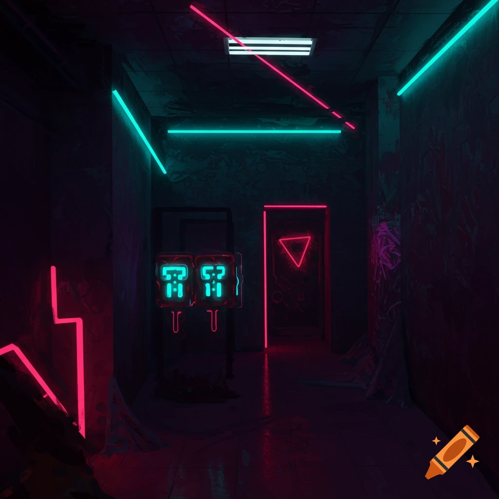 Dark corridor lit by pink and cyan neon lights, digital displays visible.