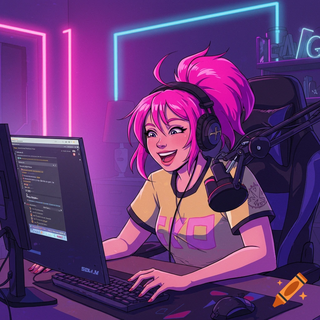 A person with pink hair is gaming or streaming in a neon-lit room.
