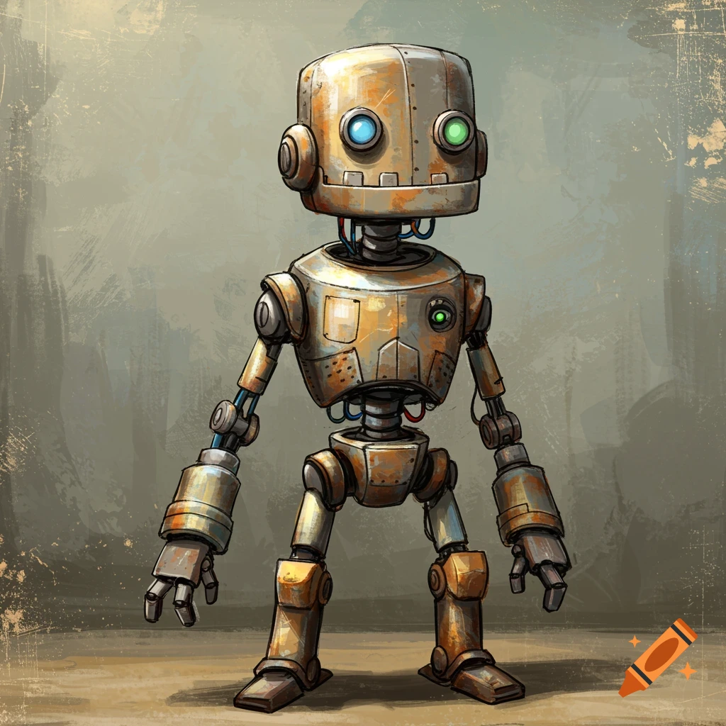 A rusty, worn robot with mismatched blue and green eyes.
