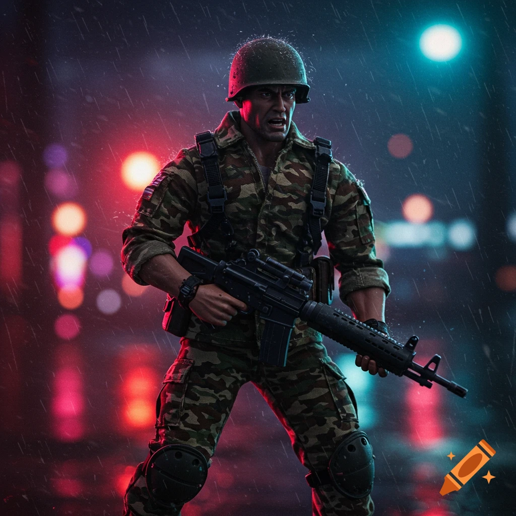 A soldier action figure holds a rifle in the rain with blurry streetlights behind him.