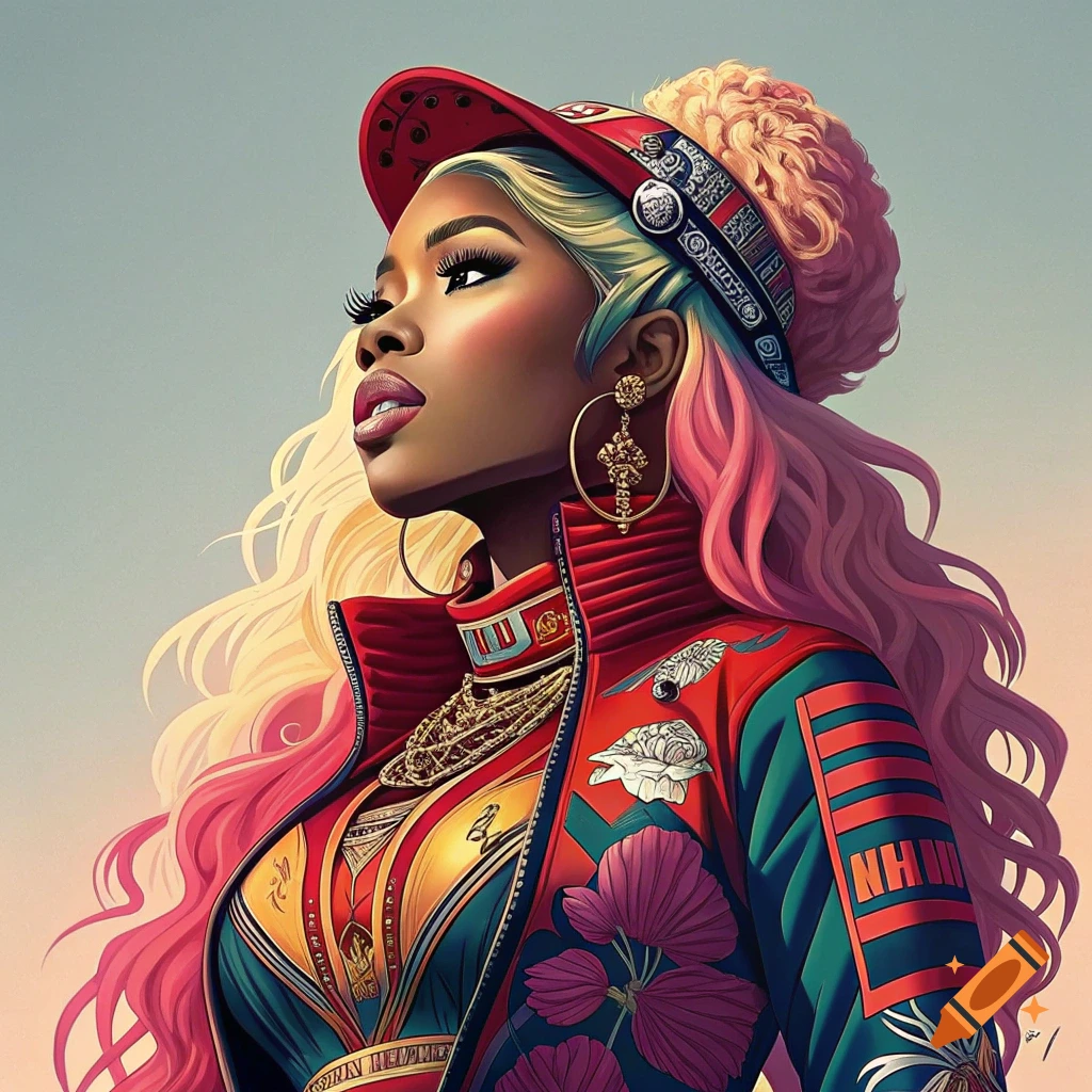 Digital art portrait of a woman in a red cap and colorful patterned jacket looking left, with pink and blonde hair.