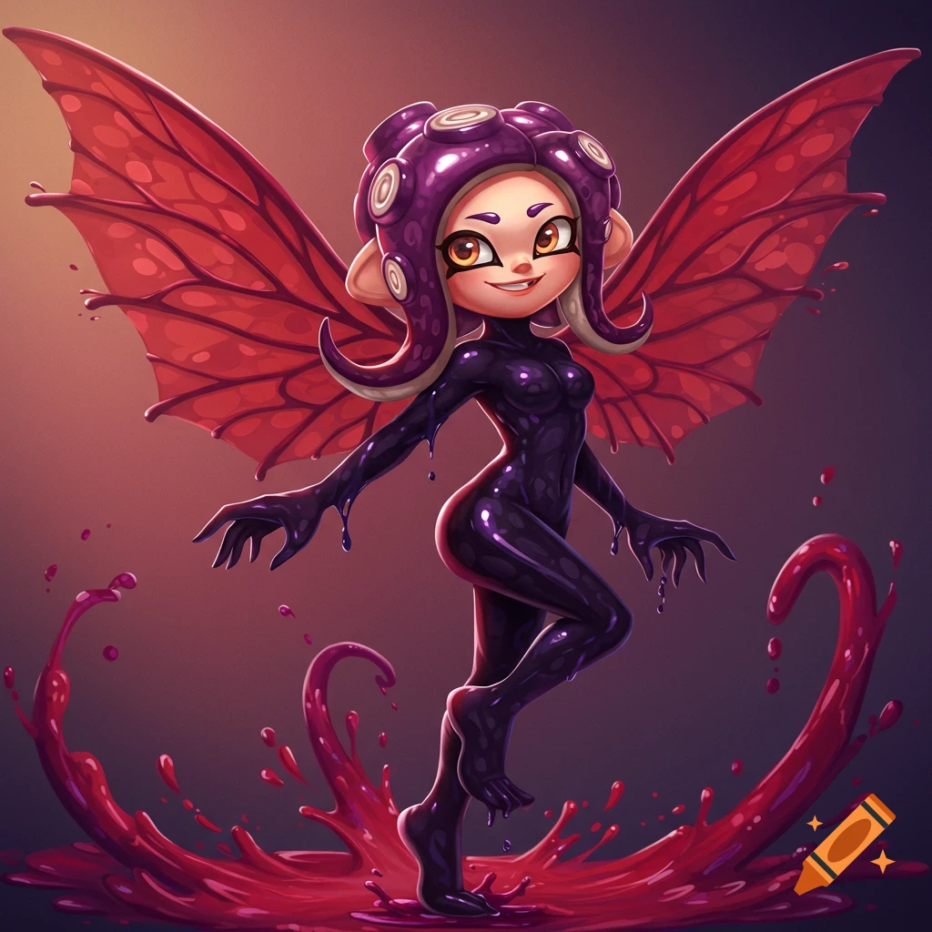 A girl with red wings, purple tentacles as hair, and a tight purple suit, standing in a splash of red liquid.