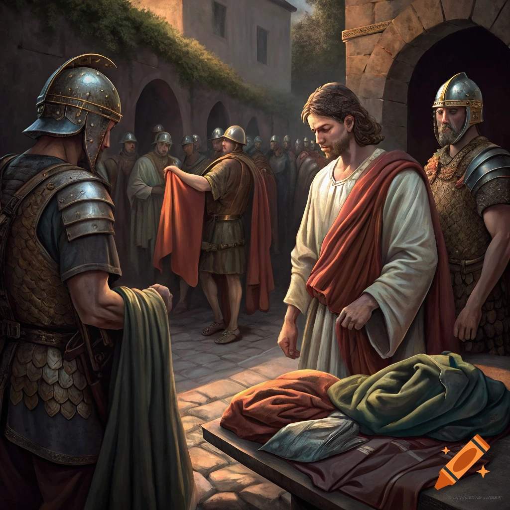 Roman soldiers casting lots for clothing while a figure resembling Jesus stands nearby in an ancient street.