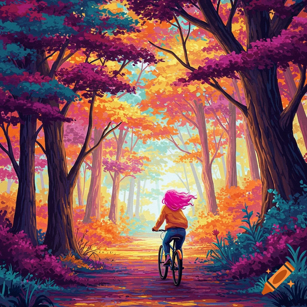 A person with pink hair rides a bicycle through a vibrant, psychedelic forest.